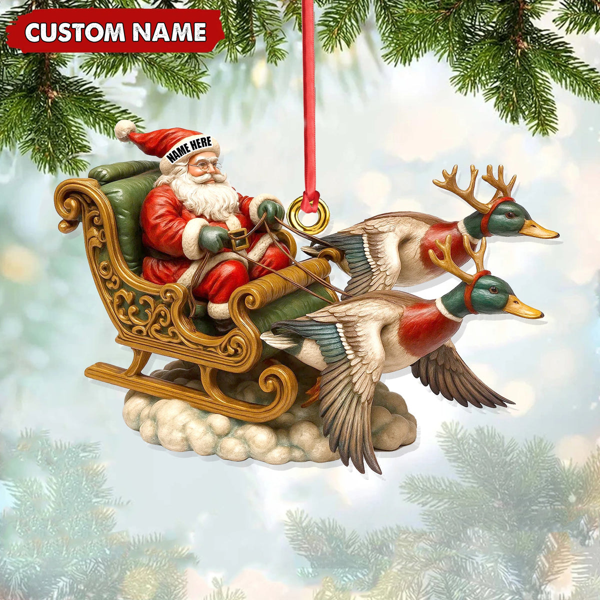 Personalized Santa Sleigh Duck Ornament, Custom Name Christmas Gift for Hunters