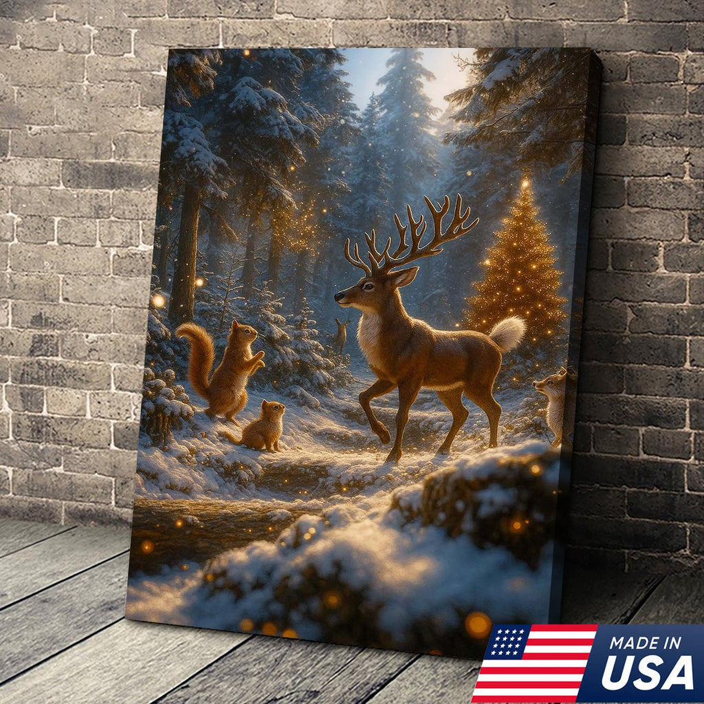 Christmas Deer Forest Wall Art Canvas – Magical Winter Woodland Print