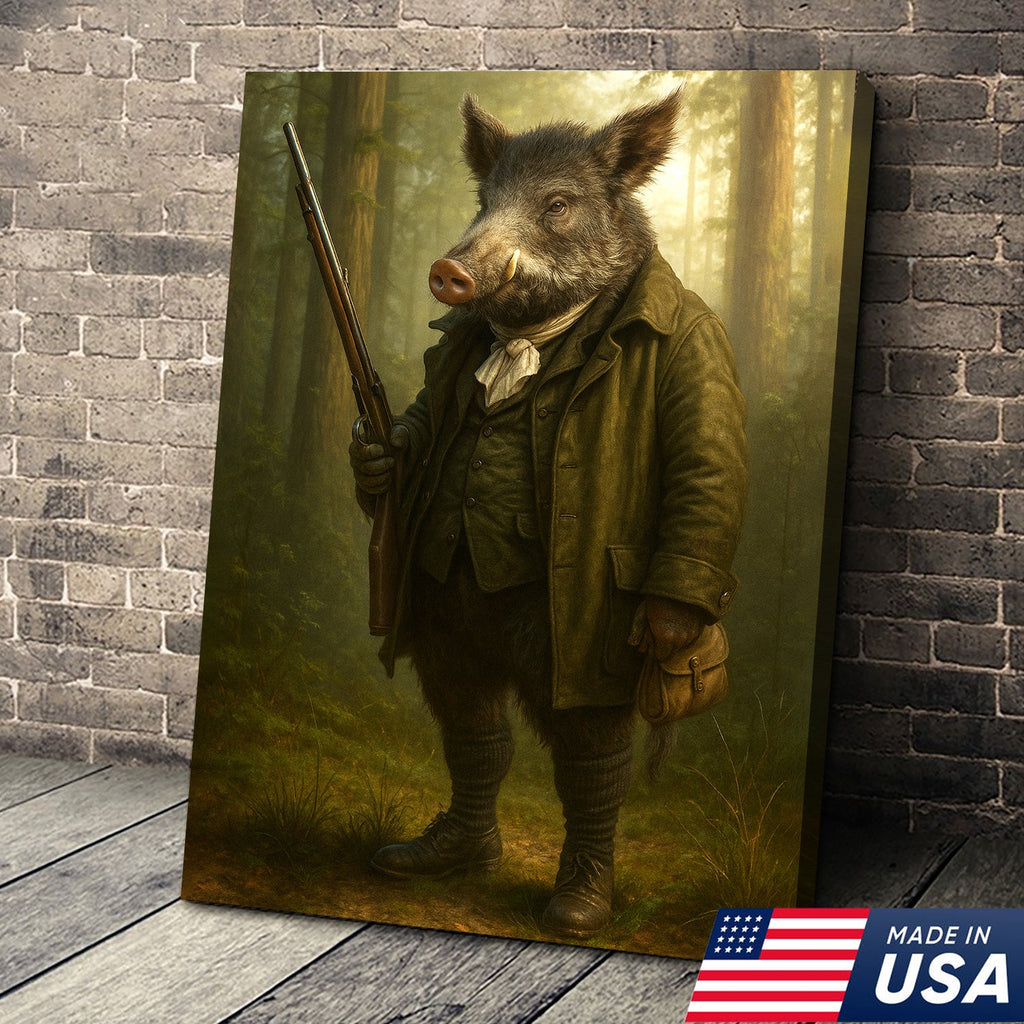 Funny Wild Boar Hunter Canvas Wall Art – Rustic Hunting Lodge Decor Gift for Hunters