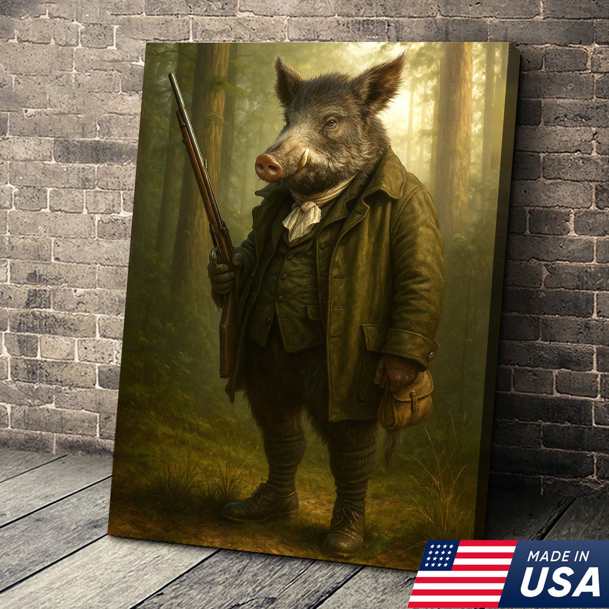 Funny Wild Boar Hunter Canvas Wall Art – Rustic Hunting Lodge Decor Gift for Hunters