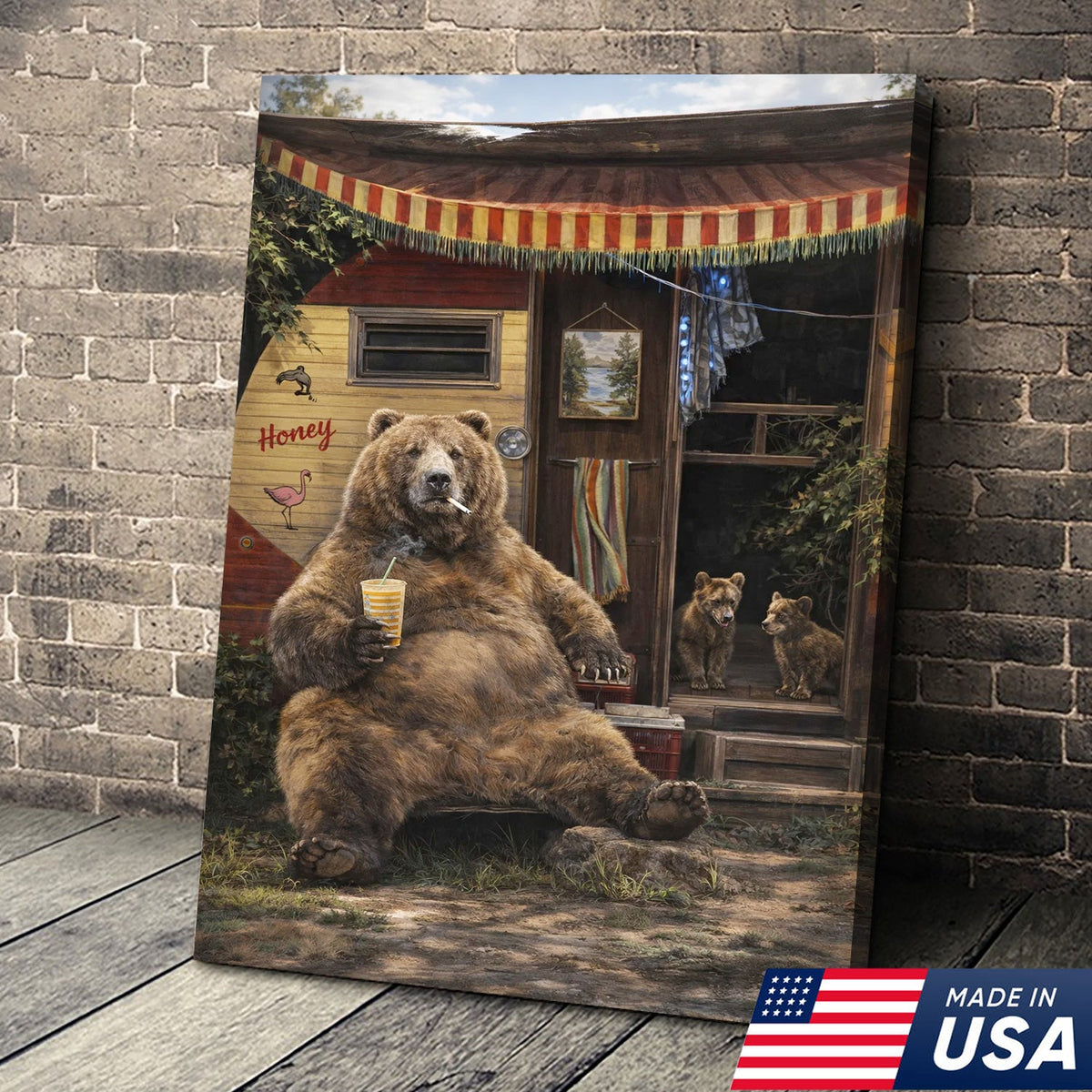 Funny Bear Camping Canvas, Rustic Cabin Wall Art, Wildlife Decor