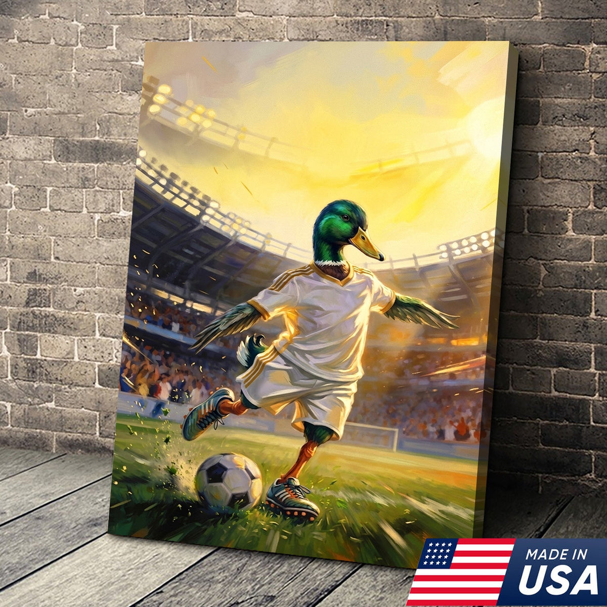 Funny Duck Playing Soccer Canvas, Animal Meme Wall Art, Soccer Decor