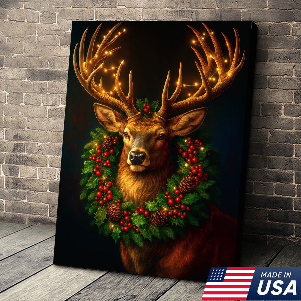 Christmas Deer Canvas Wall Art - Rustic Holiday Decor for Hunters, Cabin & Lodge Christmas Gift