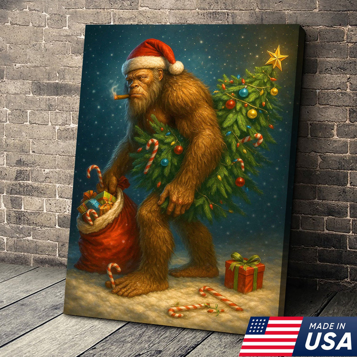 Funny Bigfoot Christmas Canvas Art, Sasquatch Holiday Wall Decor with Candy Canes