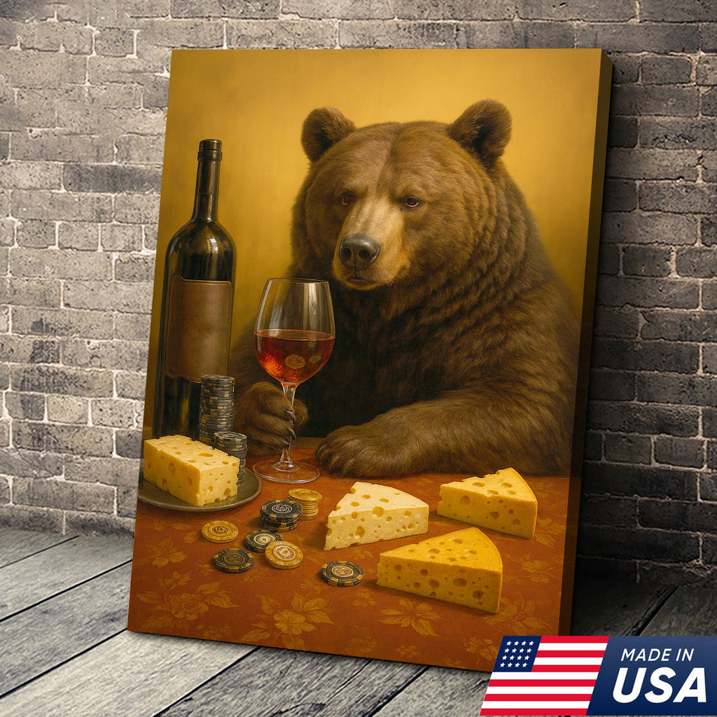 Funny Bear Wine & Cheese Wall Art Canvas - Poker Room Decor, Animal Painting for Home Bar