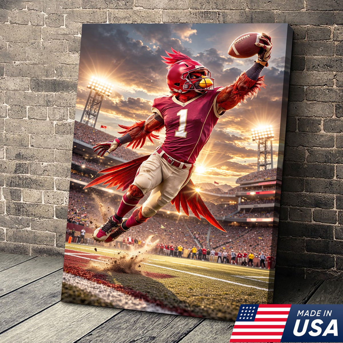 Red Cardinal Football Canvas Wall Art – Dynamic Touchdown Stadium Print