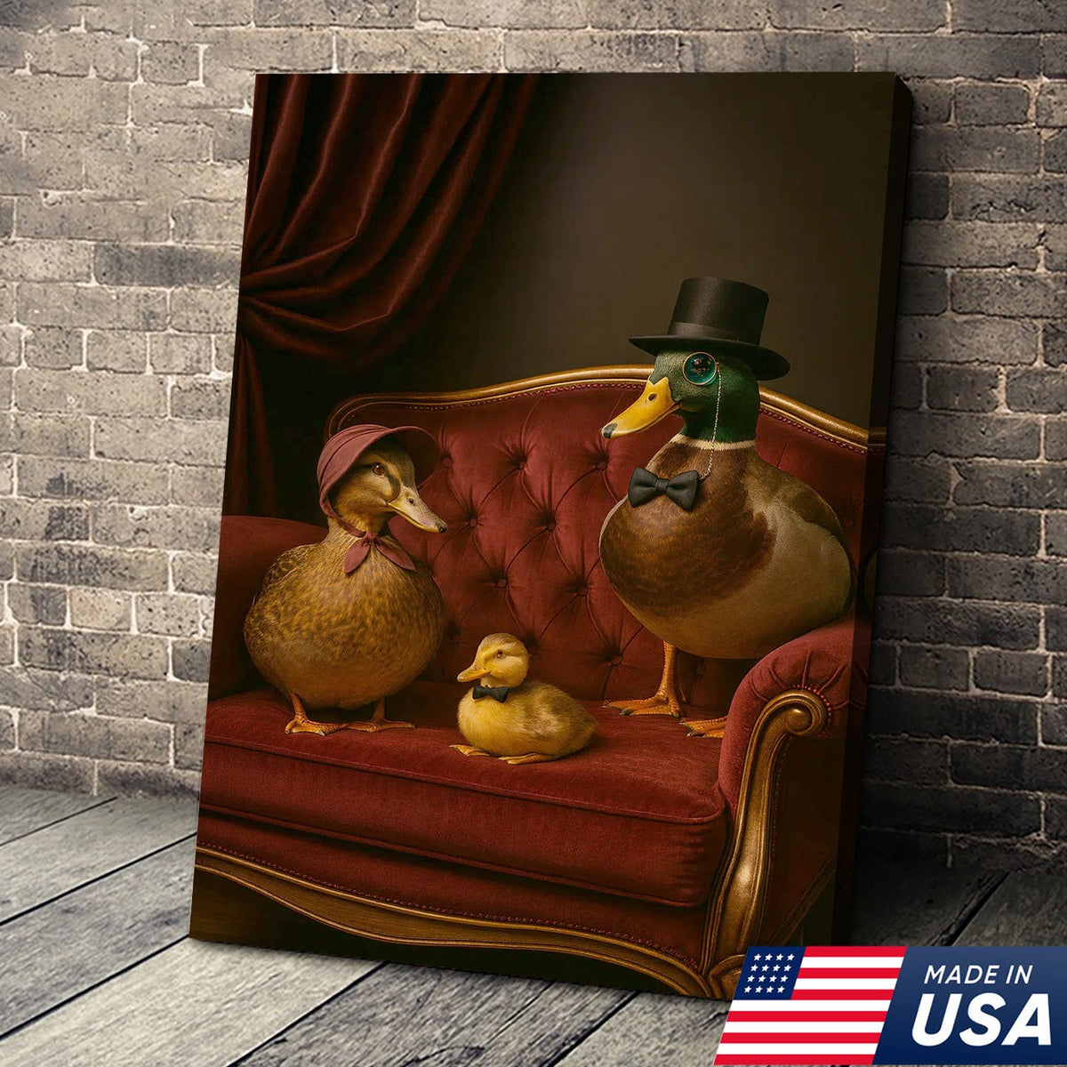 Victorian Duck Family Canvas Wall Art, Whimsical Anthropomorphic Birds Artwork