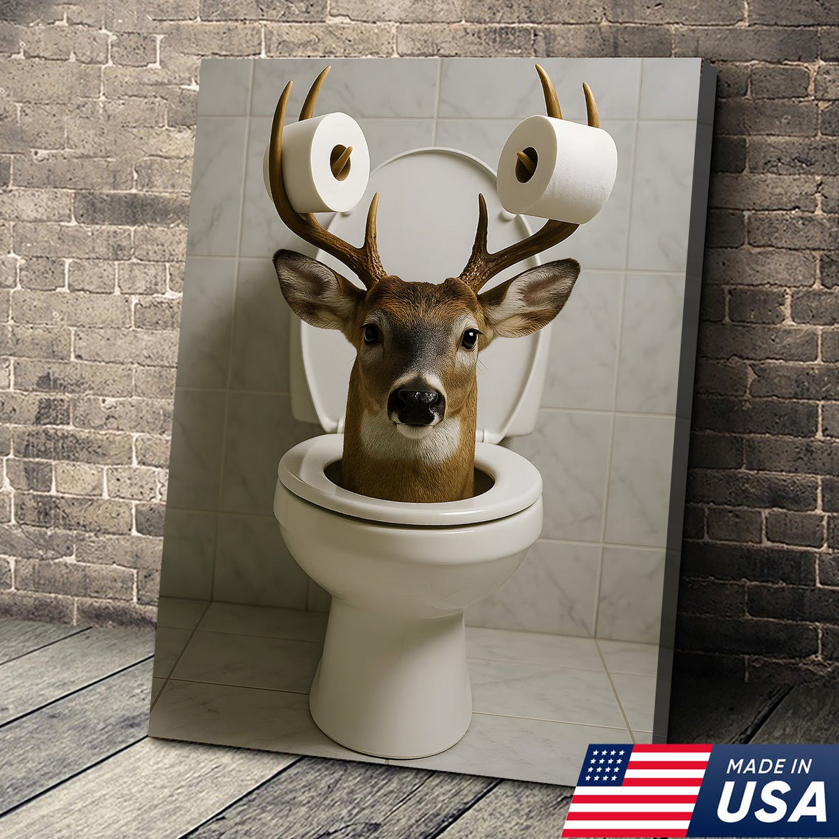 Funny Deer Bathroom Canvas Wall Art, Toilet Humor Buck with Paper Roll Antlers