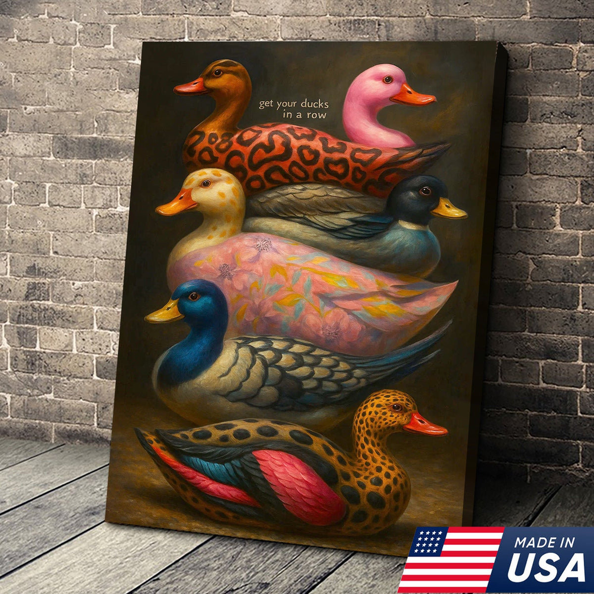 Colorful Duck Wall Art Canvas – Funny Get Your Ducks in a Row Farmhouse Decor
