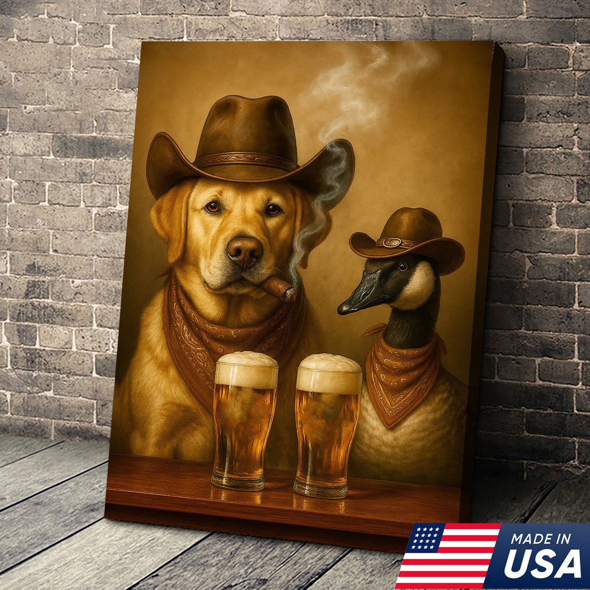 Funny Cowboy Dog & Goose Canvas Wall Art – Funny Beer & Smoking Western Decor for Hunters