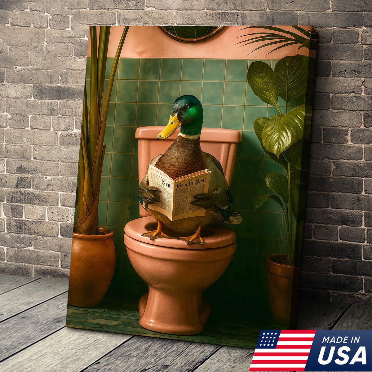 Whimsical Duck Bathroom Canvas Wall Art – Funny Rustic Lodge Decor – Mallard Reading Humor Print
