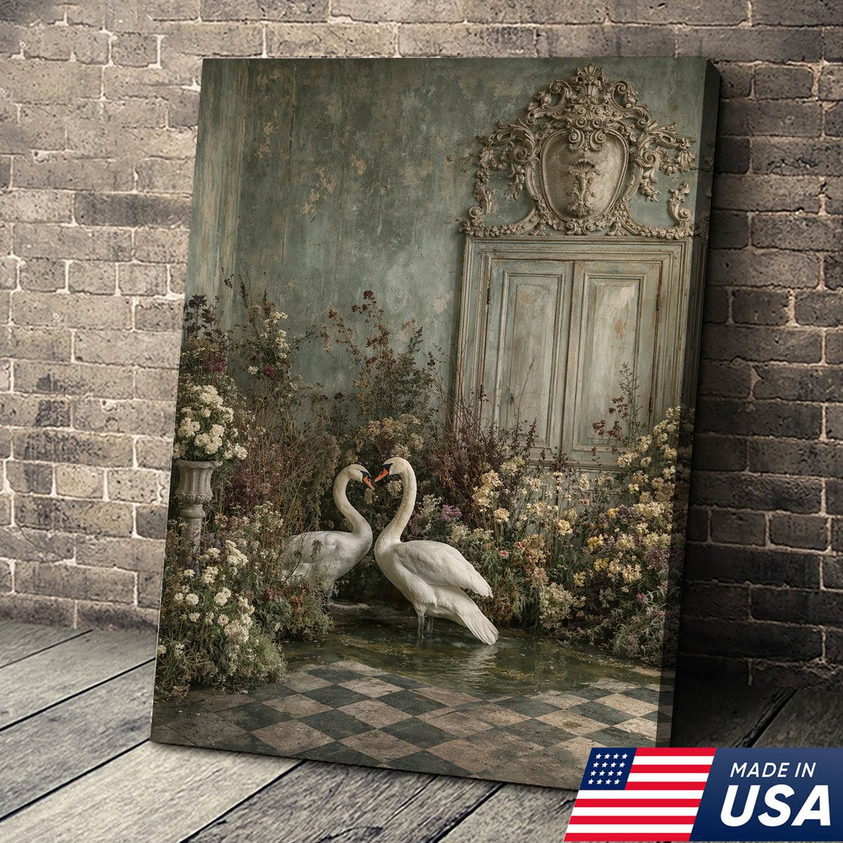 Romantic Swan Garden Canvas Wall Art, Elegant Swan Couple Forming Heart