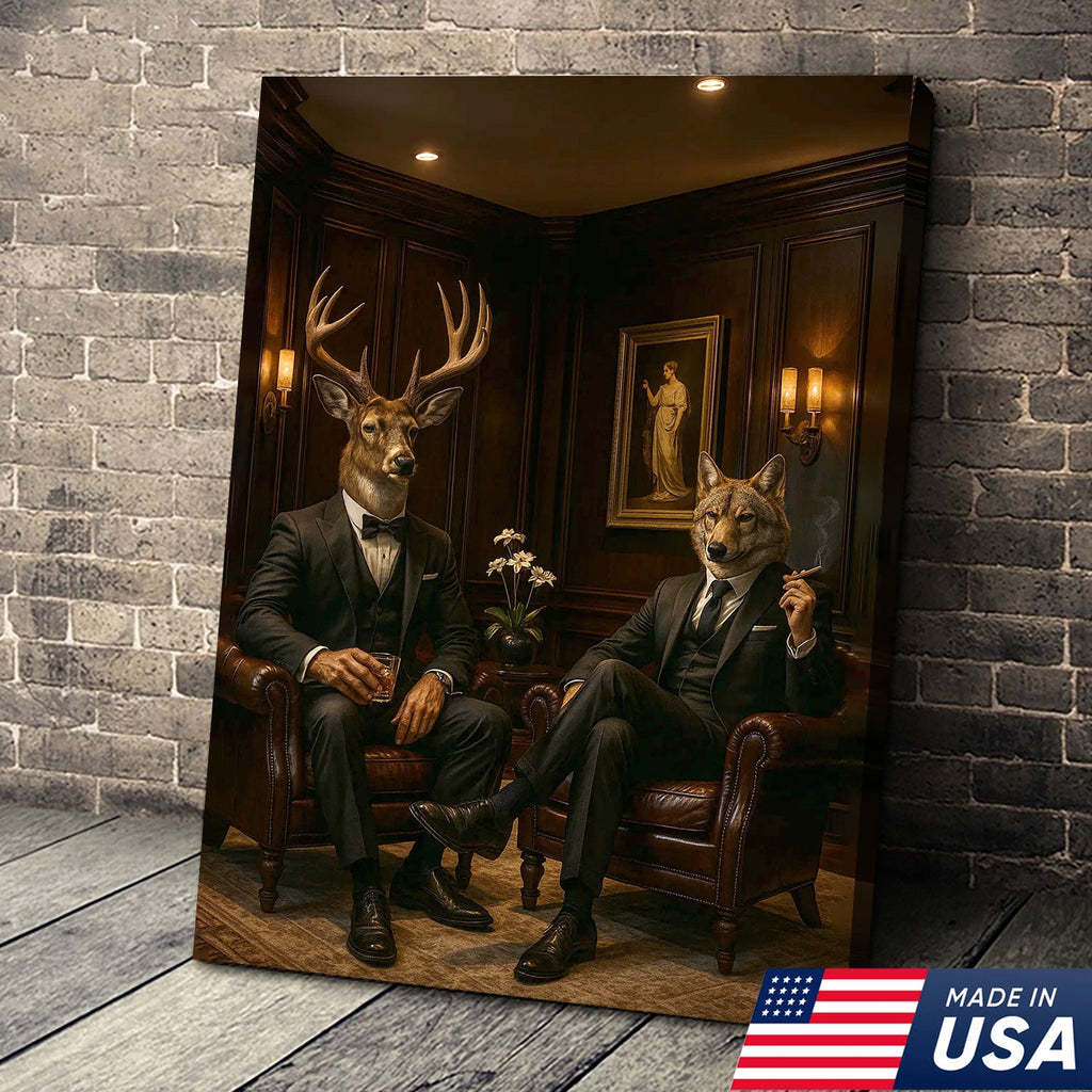 Elegant Deer and Wolf Canvas Wall Art - Sophisticated Animal Portrait in Suits, Luxury Rustic Decor