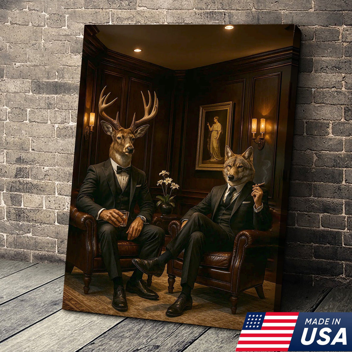 Elegant Deer and Wolf Canvas Wall Art - Sophisticated Animal Portrait in Suits, Luxury Rustic Decor