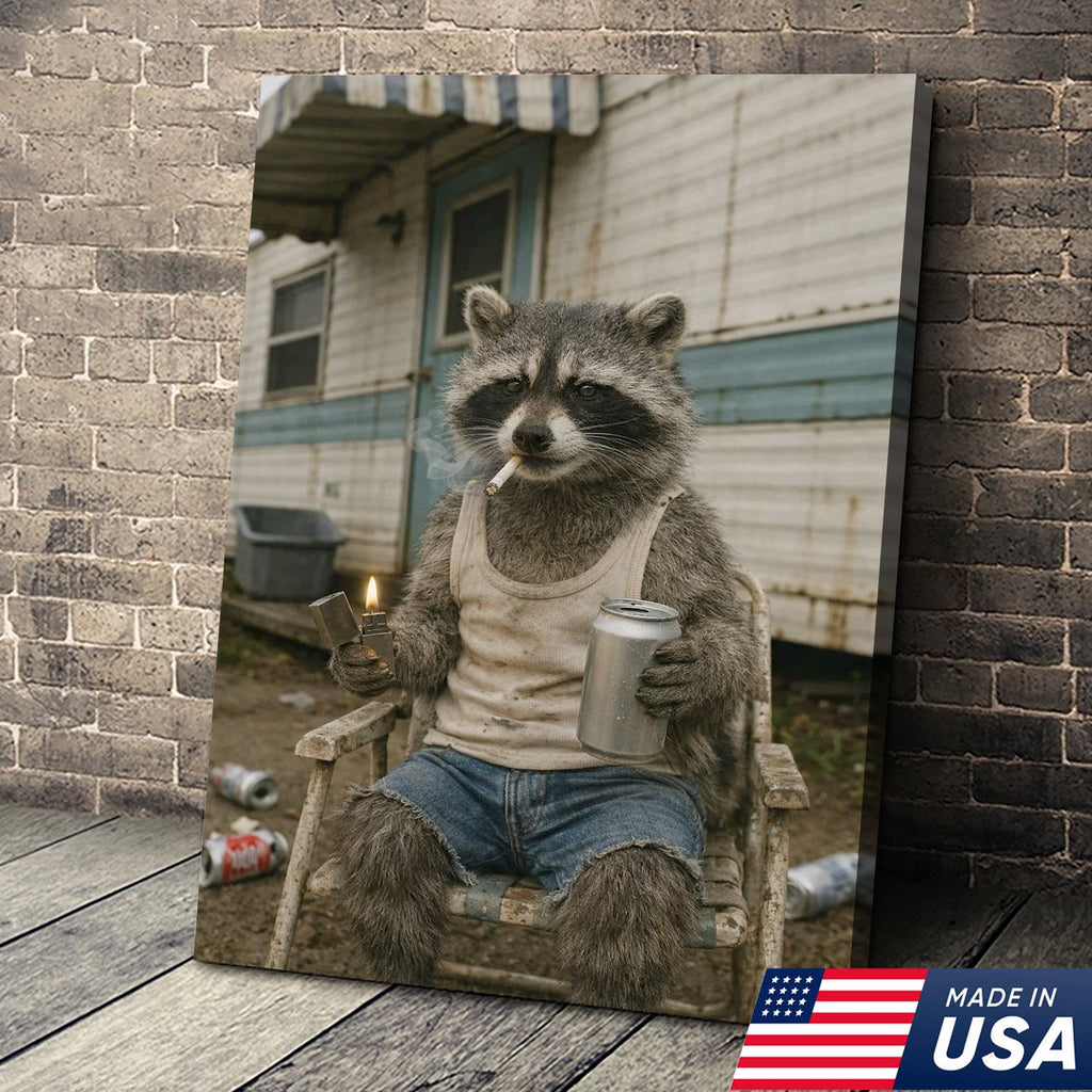 Funny Raccoon Trailer Park Canvas Wall Art, Redneck Raccoon Smoking with Beer