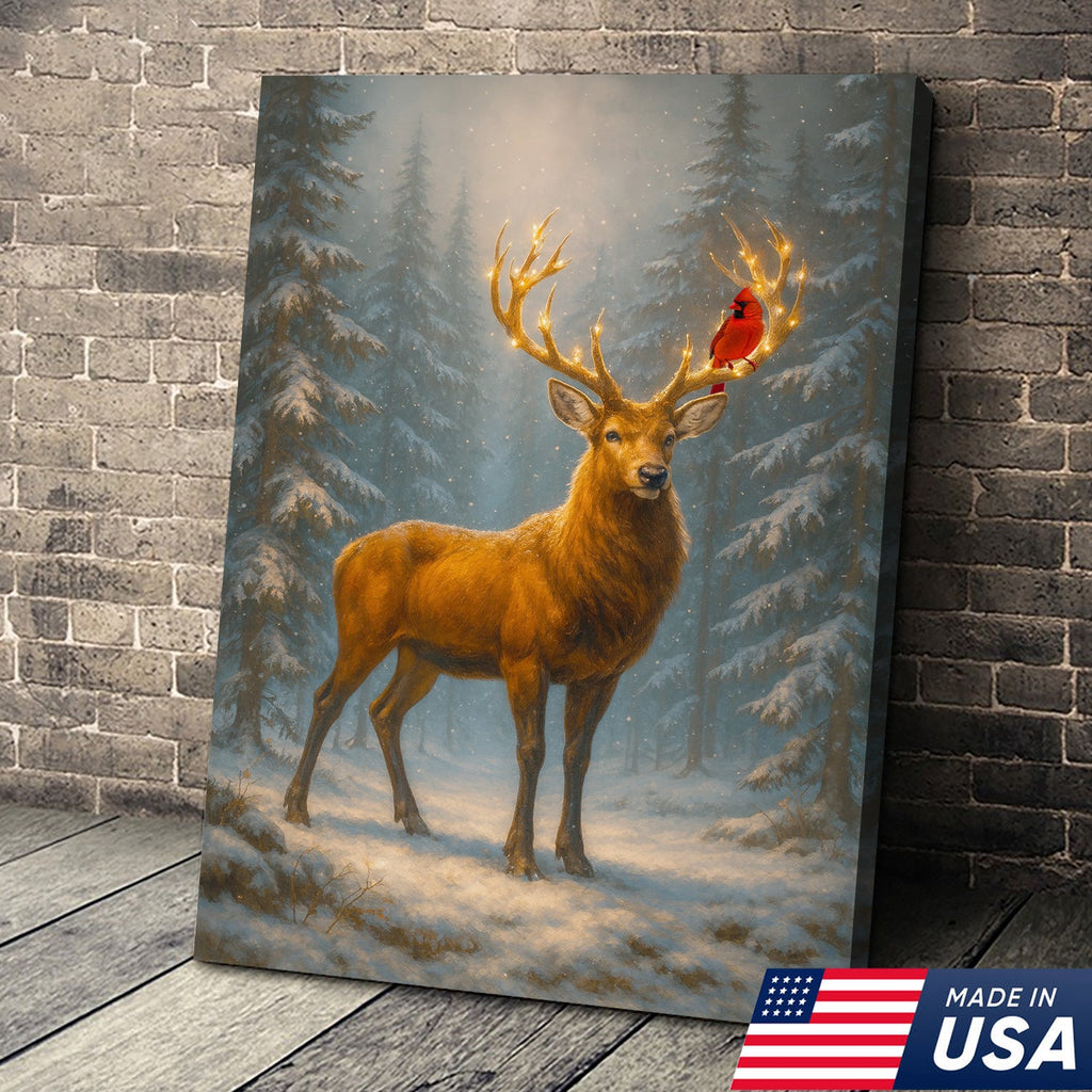 Majestic Deer Christmas Canvas Wall Art – Winter Woodland Decor, Lighted Antlers Canvas