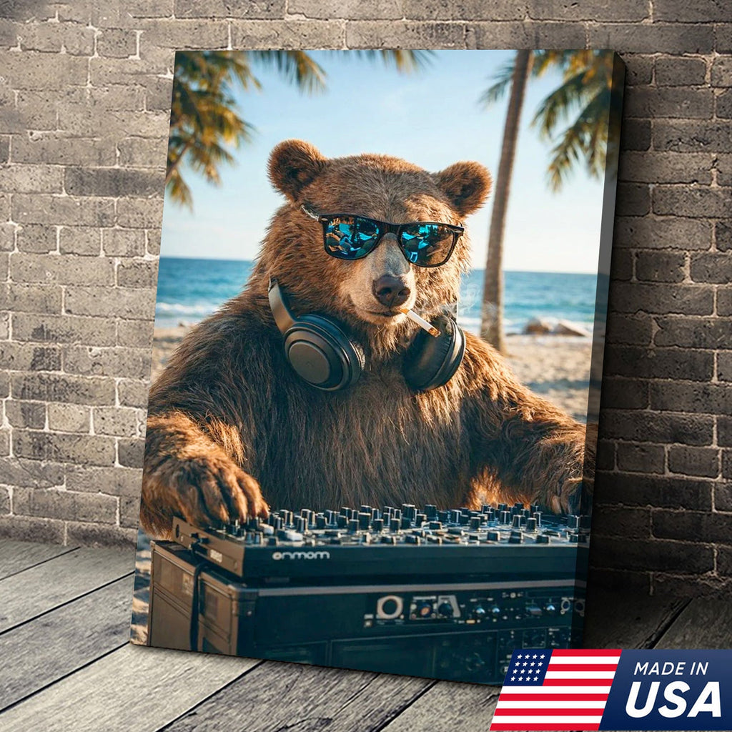 Cool DJ Bear Beach Canvas Wall Art – Trendy Animal Music Print