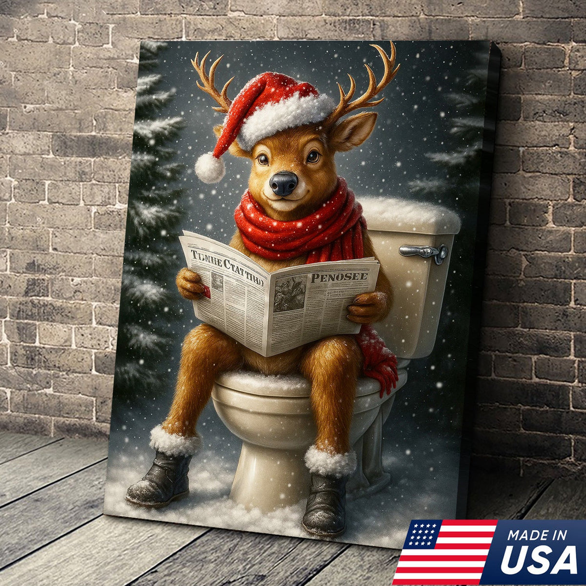 Funny Deer Christmas Canvas Wall Art – Holiday Bathroom Decor – Rustic Hunting Lodge Gift