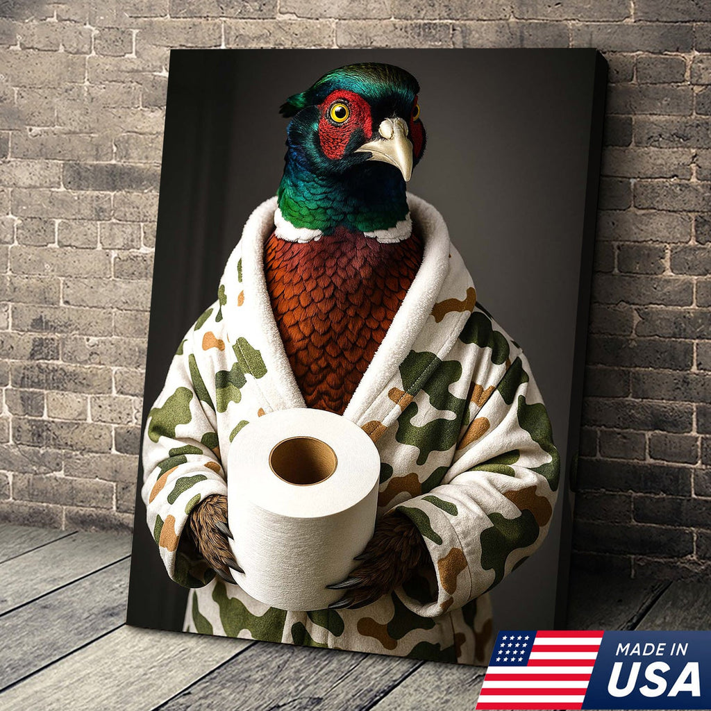 Funny Pheasant Bathroom Wall Art – Camo Robe Bird Holding Toilet Paper Print