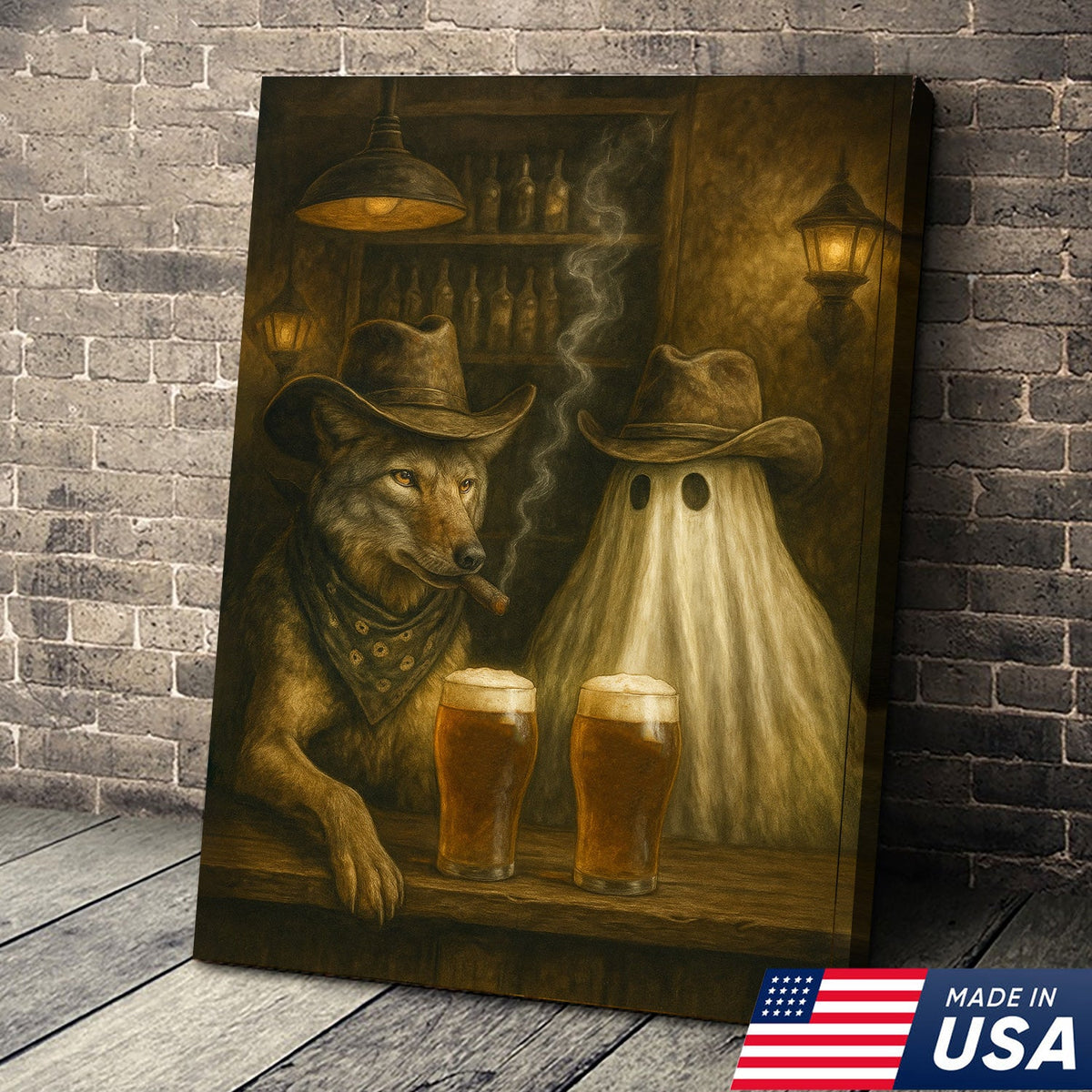 Cowboy Wolf & Ghost Canvas – Rustic Western Bar Wall Art for Halloween