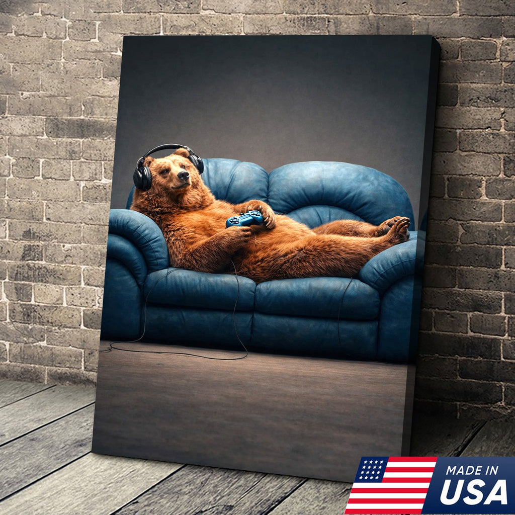 Funny Gamer Bear Wall Art Canvas Print, Relaxing Animal Gaming Illustration