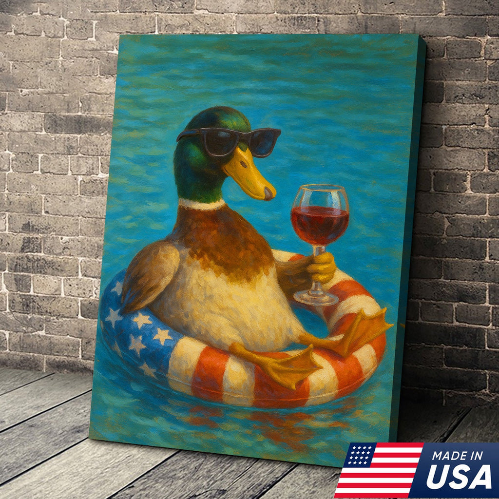 Cool Duck with Wine Canvas – Sunglasses, USA Flag Pool Float, Funny Summer Wall Art