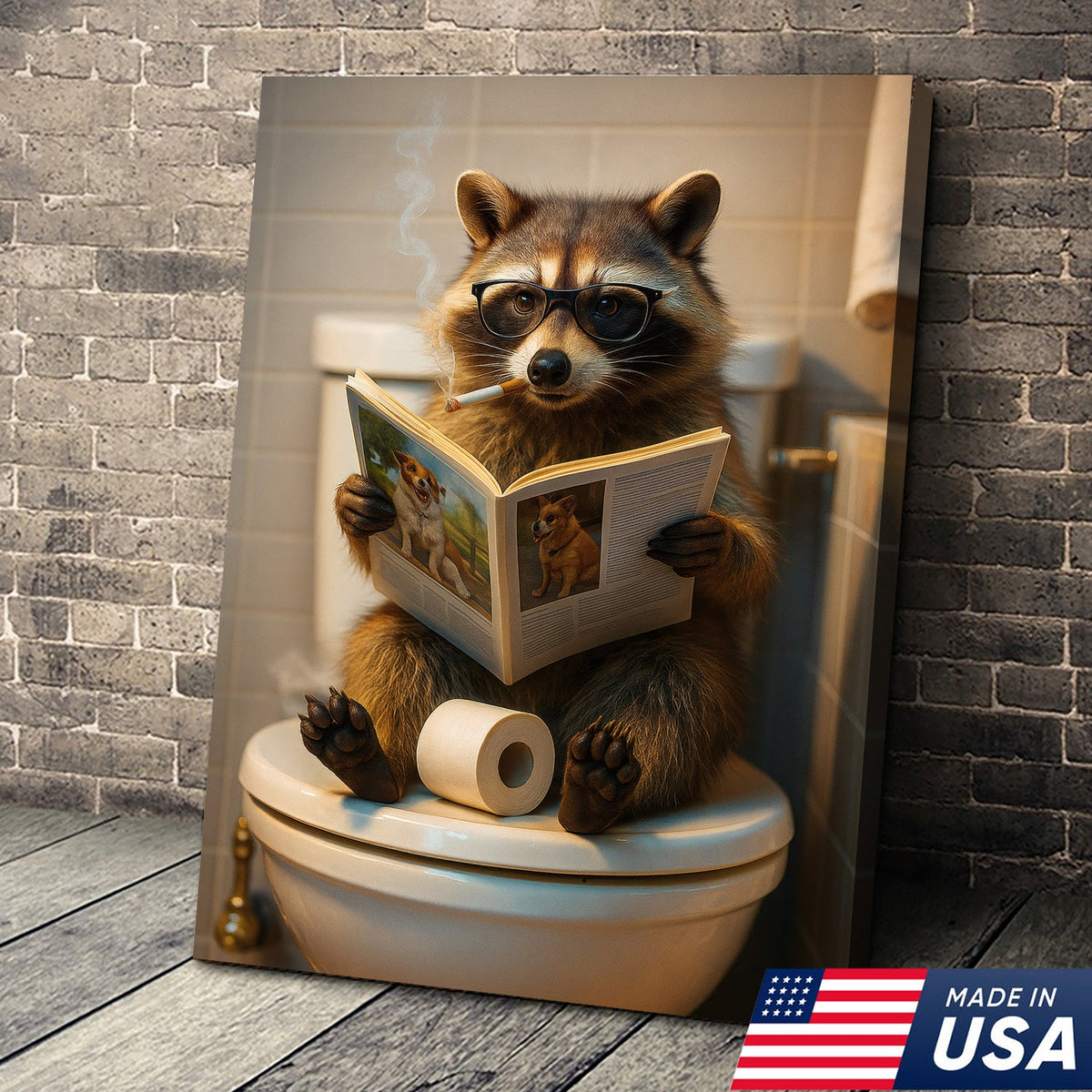 Funny Raccoon On Toilet Canvas – Smoking Raccoon Reading on Toilet, Bathroom Humor Wall Art