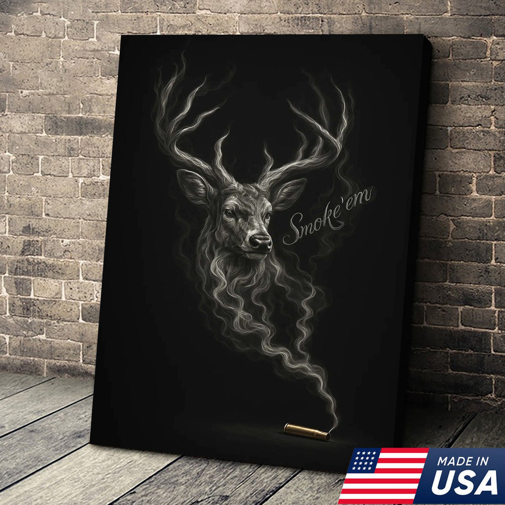 Smoke ’Em Deer Canvas, Rustic Hunter Wall Art, Smoky Buck Skull Design