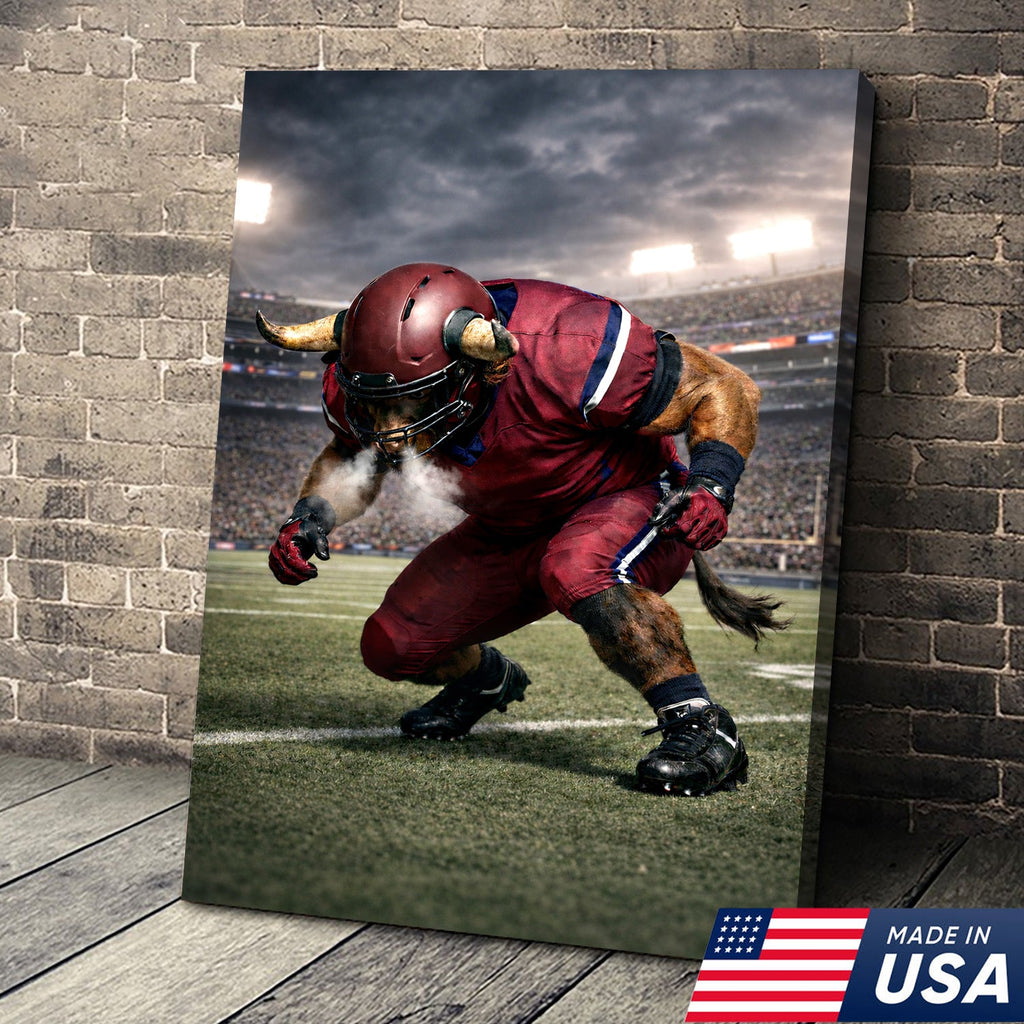 Fierce Bull Football Canvas Wall Art – Charging Horned Athlete Stadium Print