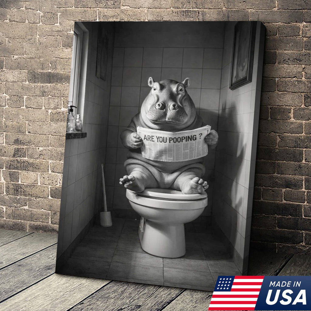Funny Hippo Bathroom Wall Art, Are You Pooping Hippo Toilet Canvas