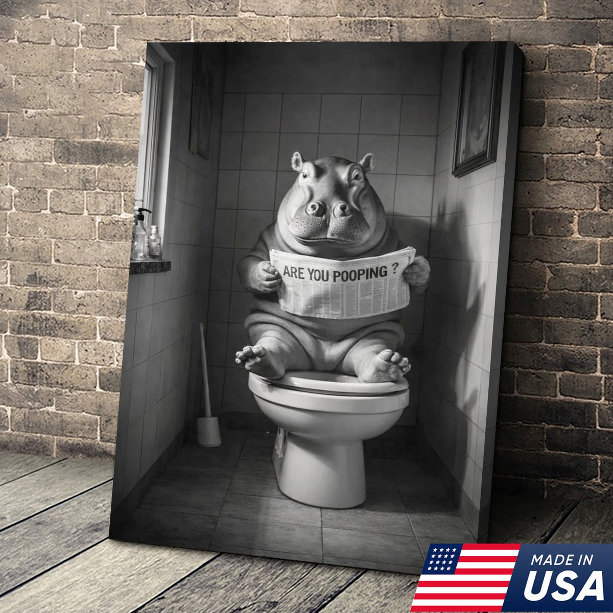 Funny Hippo Bathroom Wall Art, Are You Pooping Hippo Toilet Canvas