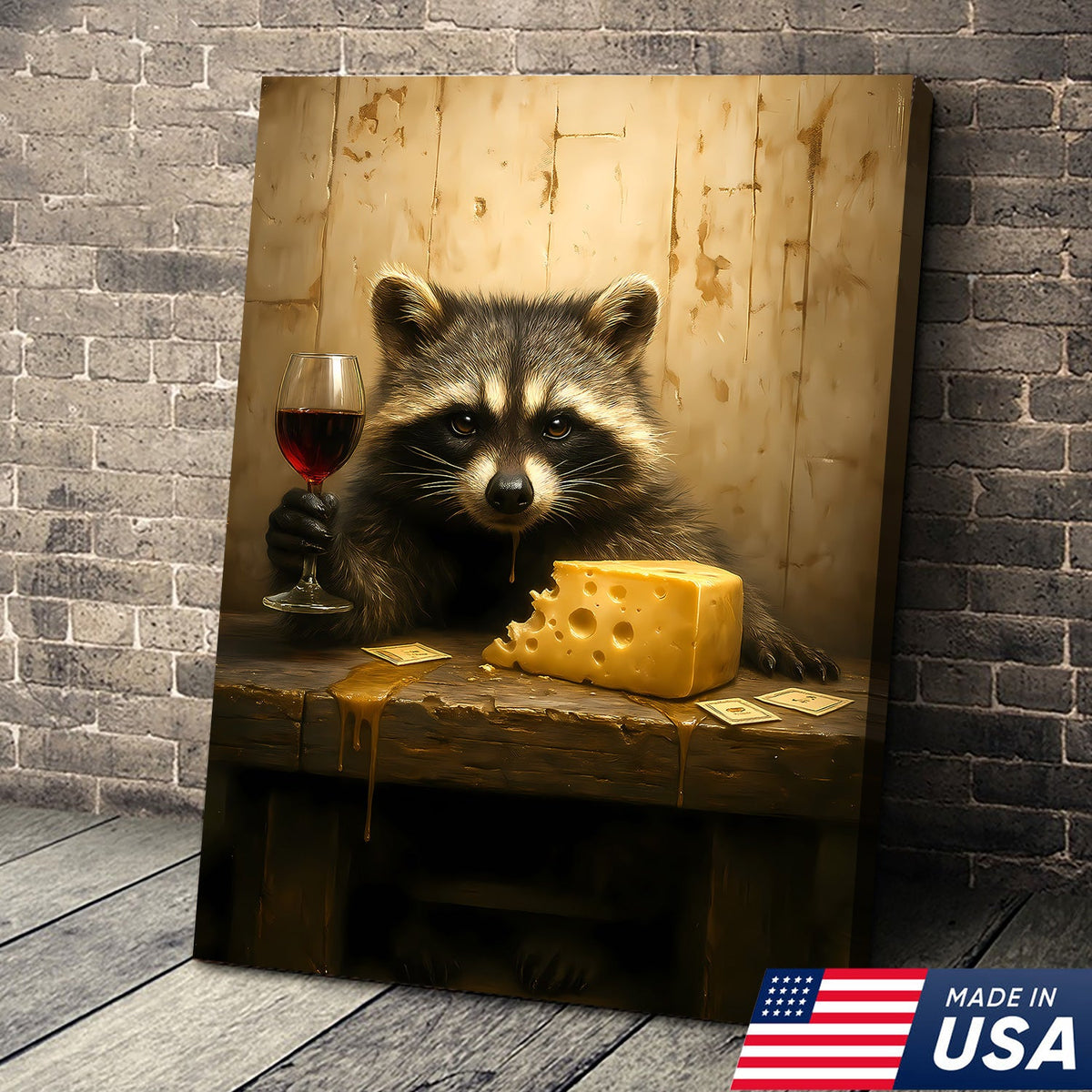 Raccoon with Wine and Cheese Canvas – Funny Bar Wall Art, Gentleman Gift for Men