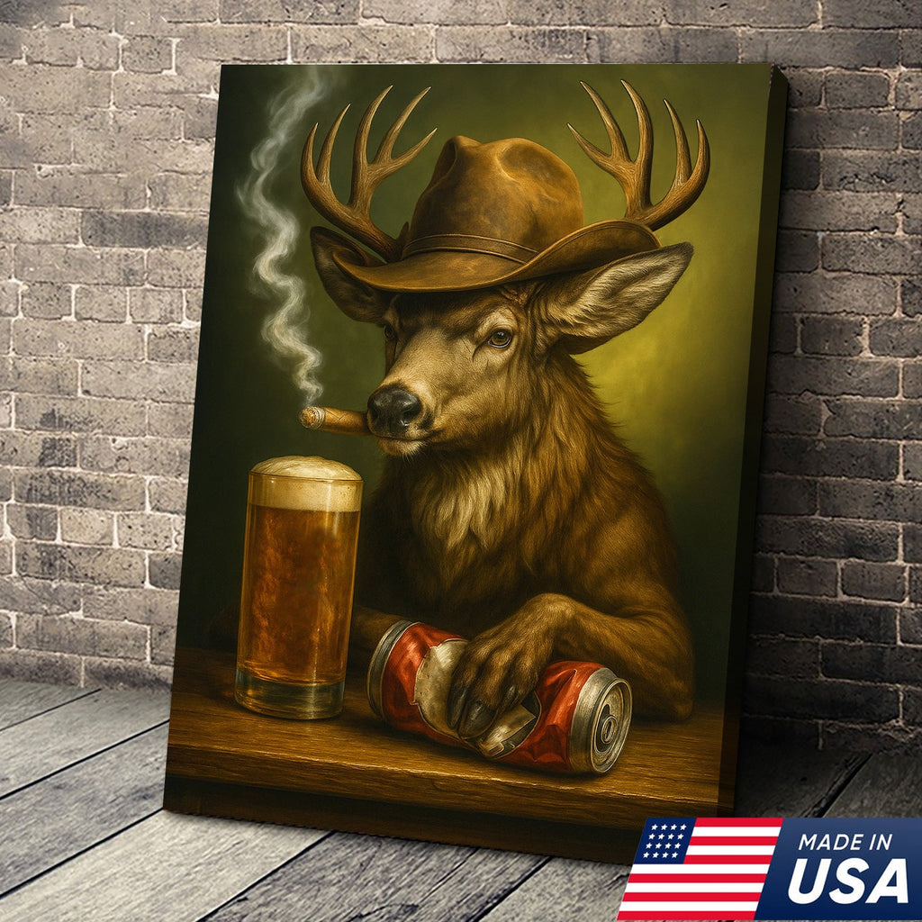 Funny Cowboy Buck Beer Canvas – Rustic Funny Wall Art Gift for Hunters, Bar Cabin & Man Cave Decor