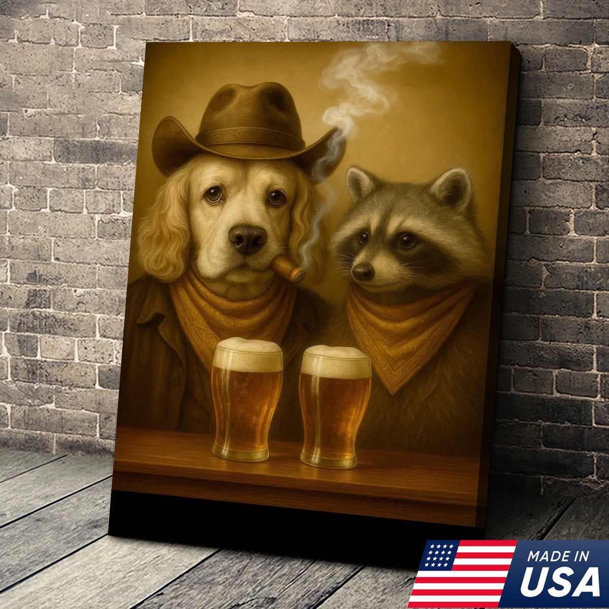 Funny Dog & Raccoon Bar Art – Cowboy Dog Smoking Cigar, Beer Buddies Wall Decor Gift for Men