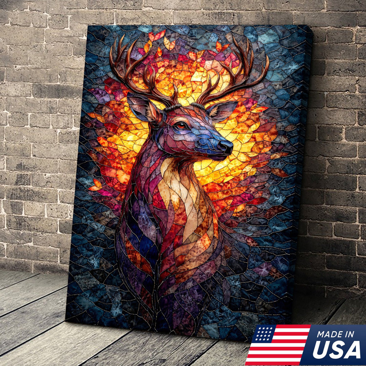Stained Glass Deer Canvas Wall Art, Colorful Mosaic Animal Portrait