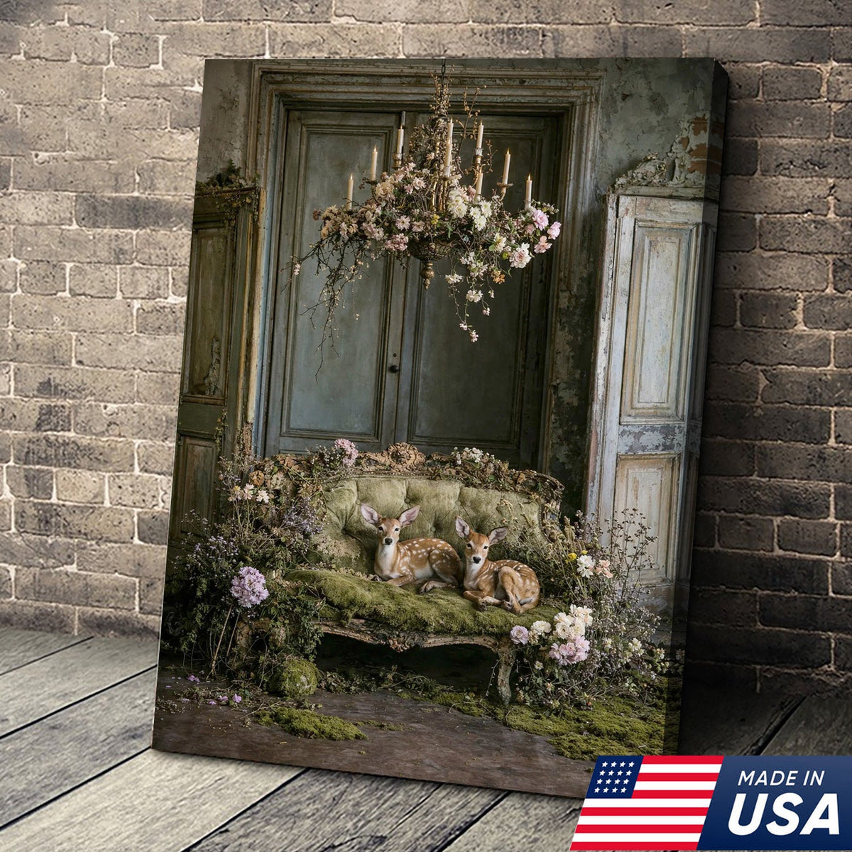 Vintage Fawn Sofa Canvas Wall Art, Twin Deer Resting on Mossy Couch