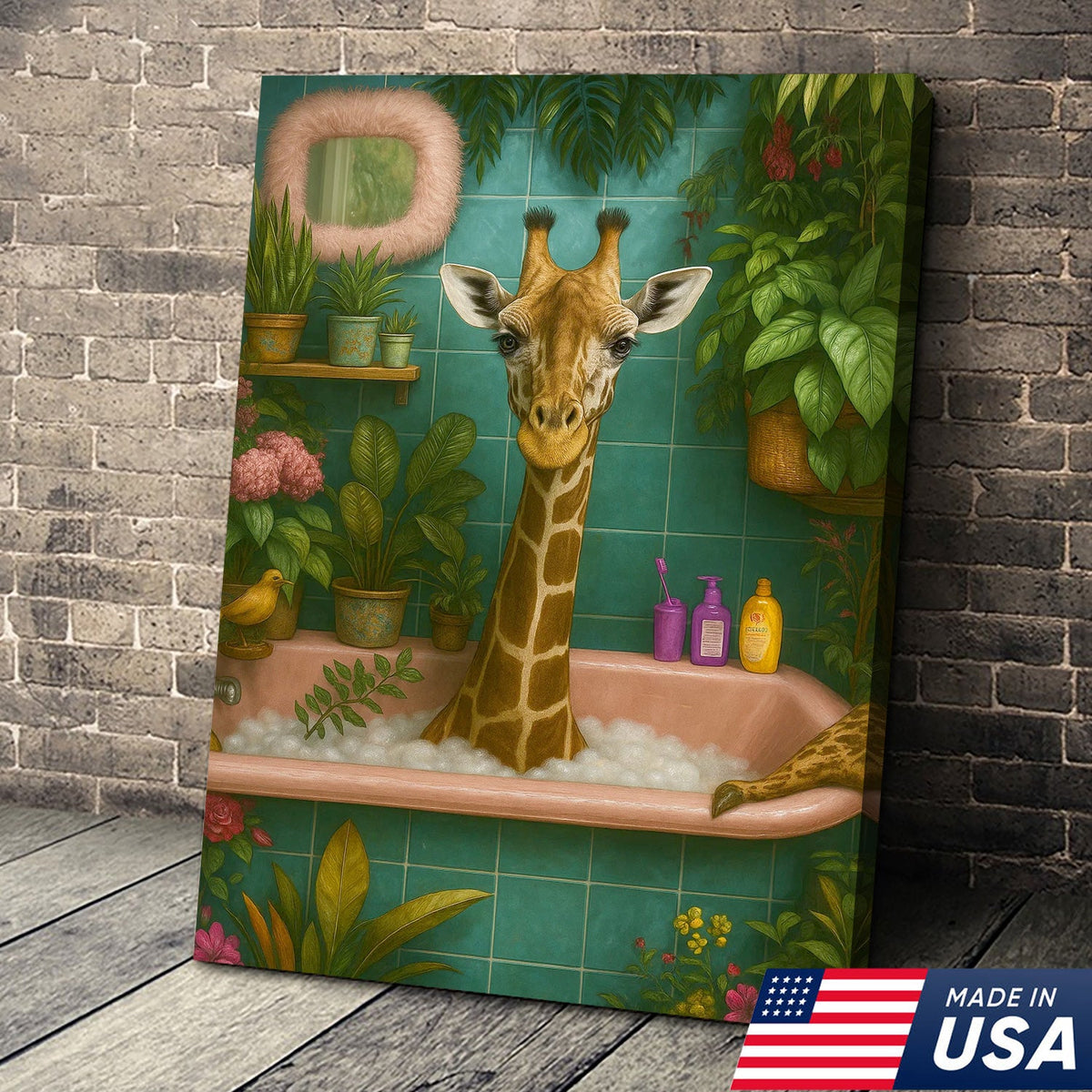 Giraffe Bathroom Wall Art Canvas, Funny Animal Taking Bath Decor