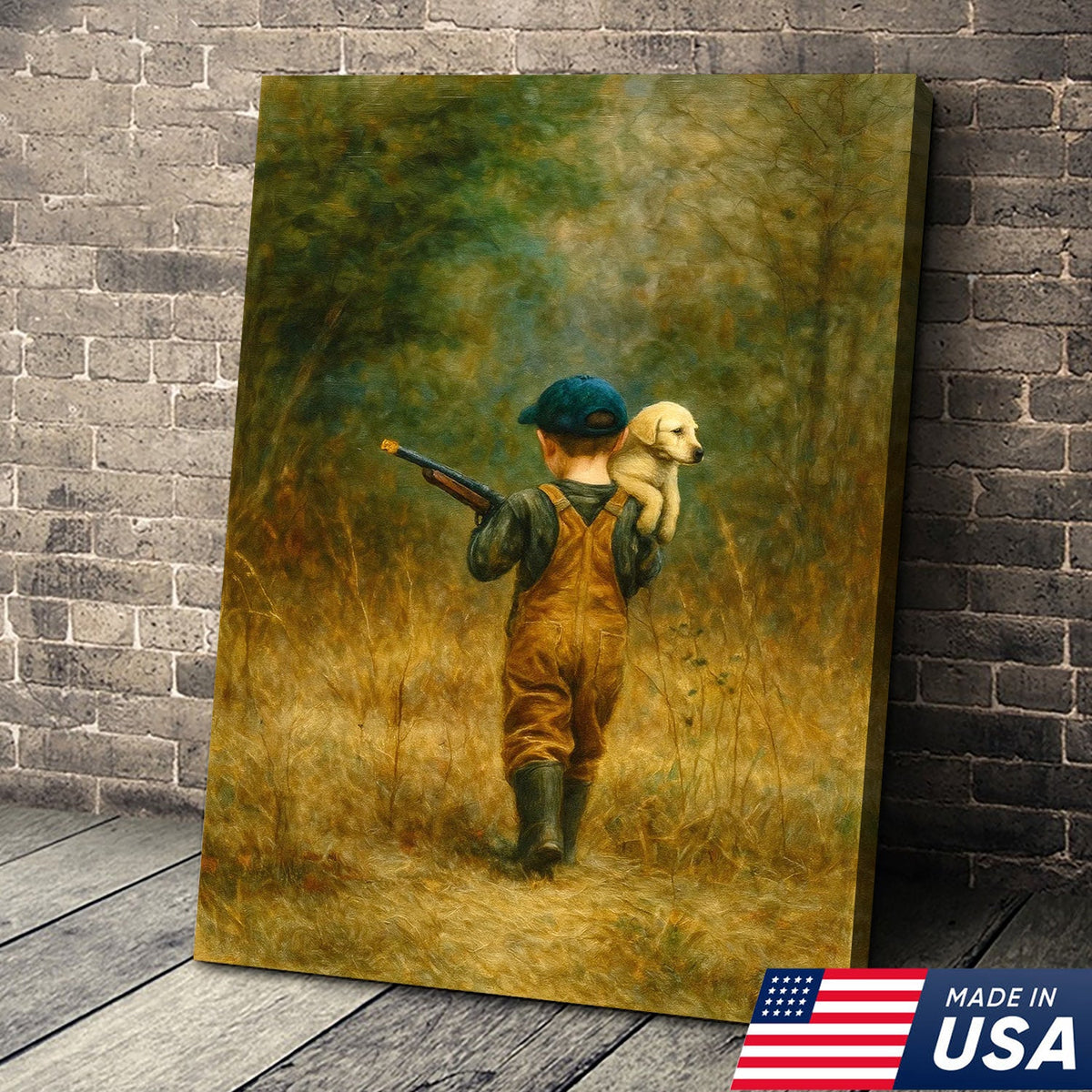 Little Hunter and Puppy Canvas Wall Art, Wholesome Boy with Dog Artwork