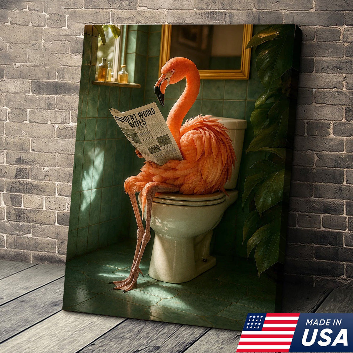 Funny Flamingo Bathroom Canvas Wall Art – Quirky Bird Reading Newspaper Print