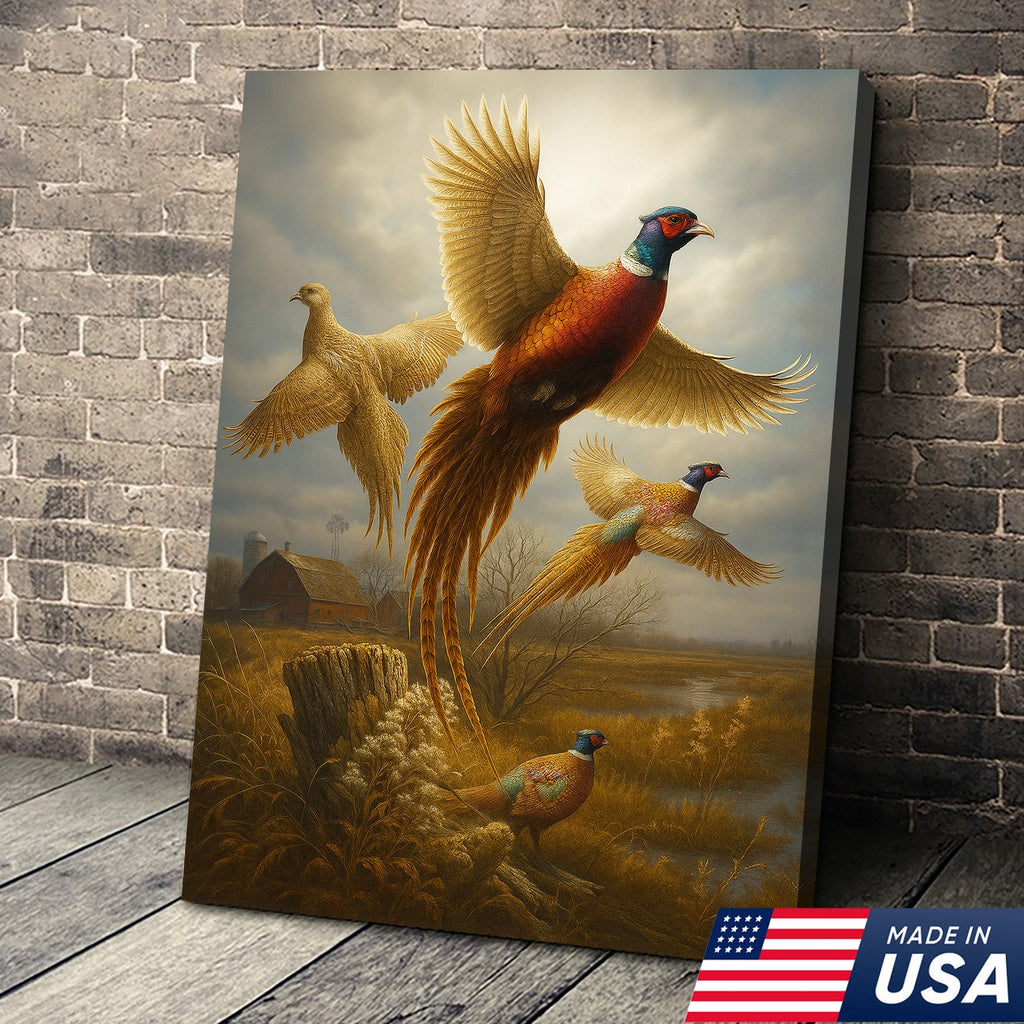Pheasant in Flight Canvas – Rustic Countryside Wall Art for Lodge & Hunting Decor