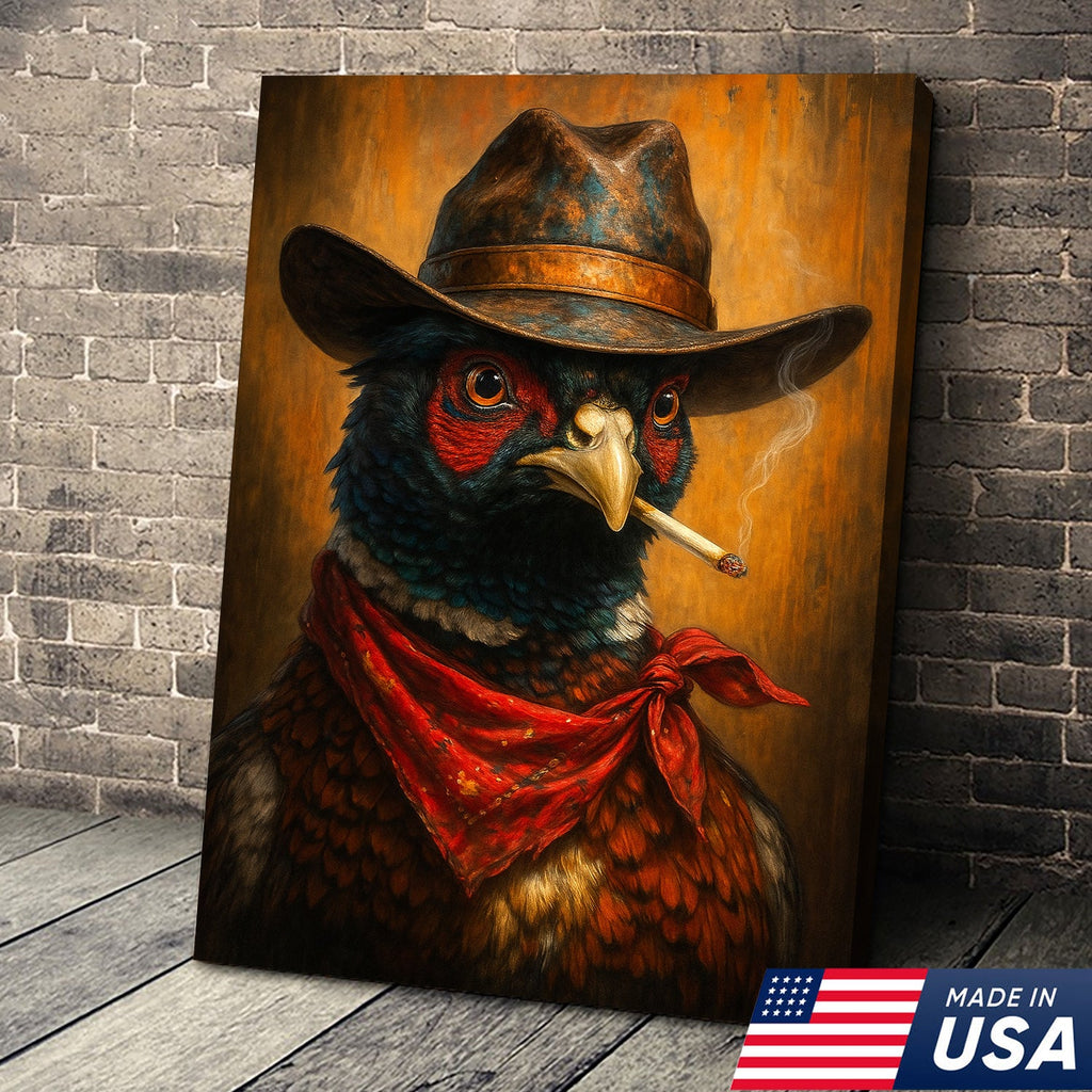 Smoking Pheasant Cowboy Portrait Canvas – Rustic Western Wall Art for Man Cave Decor