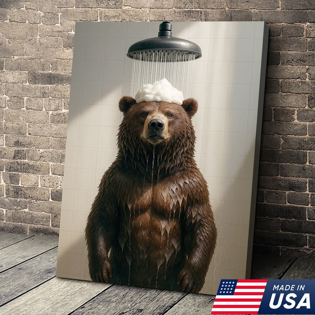 Funny Bear Taking Shower Bathroom Canvas Wall Art, Rustic Cabin Lodge Bathroom Decor