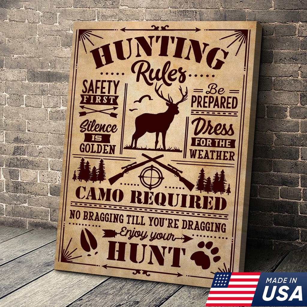 Hunting Rules Wall Art Canvas – Rustic Deer Hunting Lodge Decor – Safety First, Camo Required