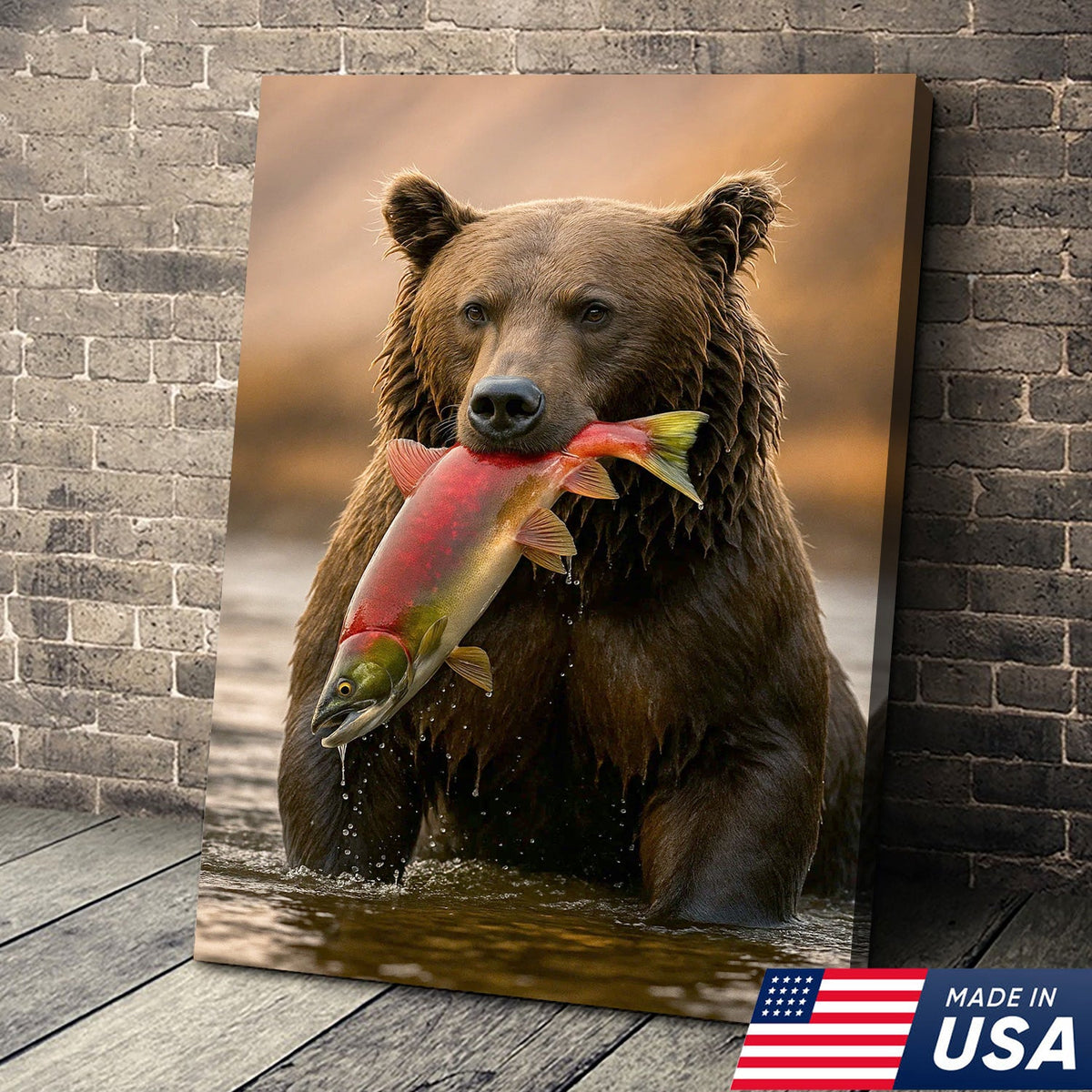 Bear Catching Salmon Canvas Wall Art, Wildlife River Cabin Decor, Nature Lover Gift