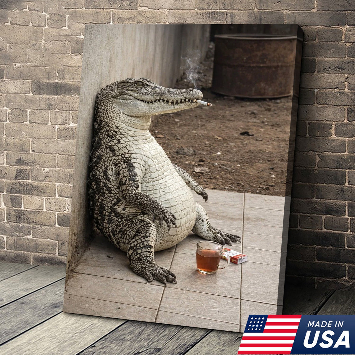 Funny Crocodile Smoking & Drinking Coffee Canvas Wall Art, Dark Humor Animal Illustration