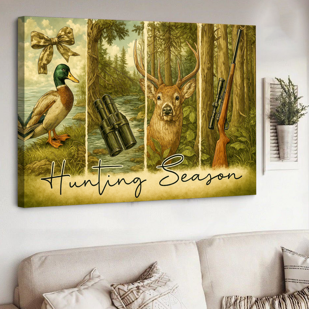 Hunting Season Canvas Wall Art, Deer and Duck Vintage Wildlife Scene