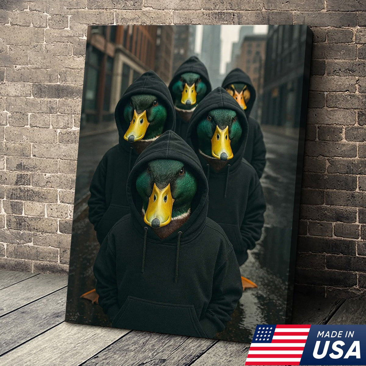 Urban Duck Gang Canvas Wall Art, Hooded Anthropomorphic Ducks Artwork