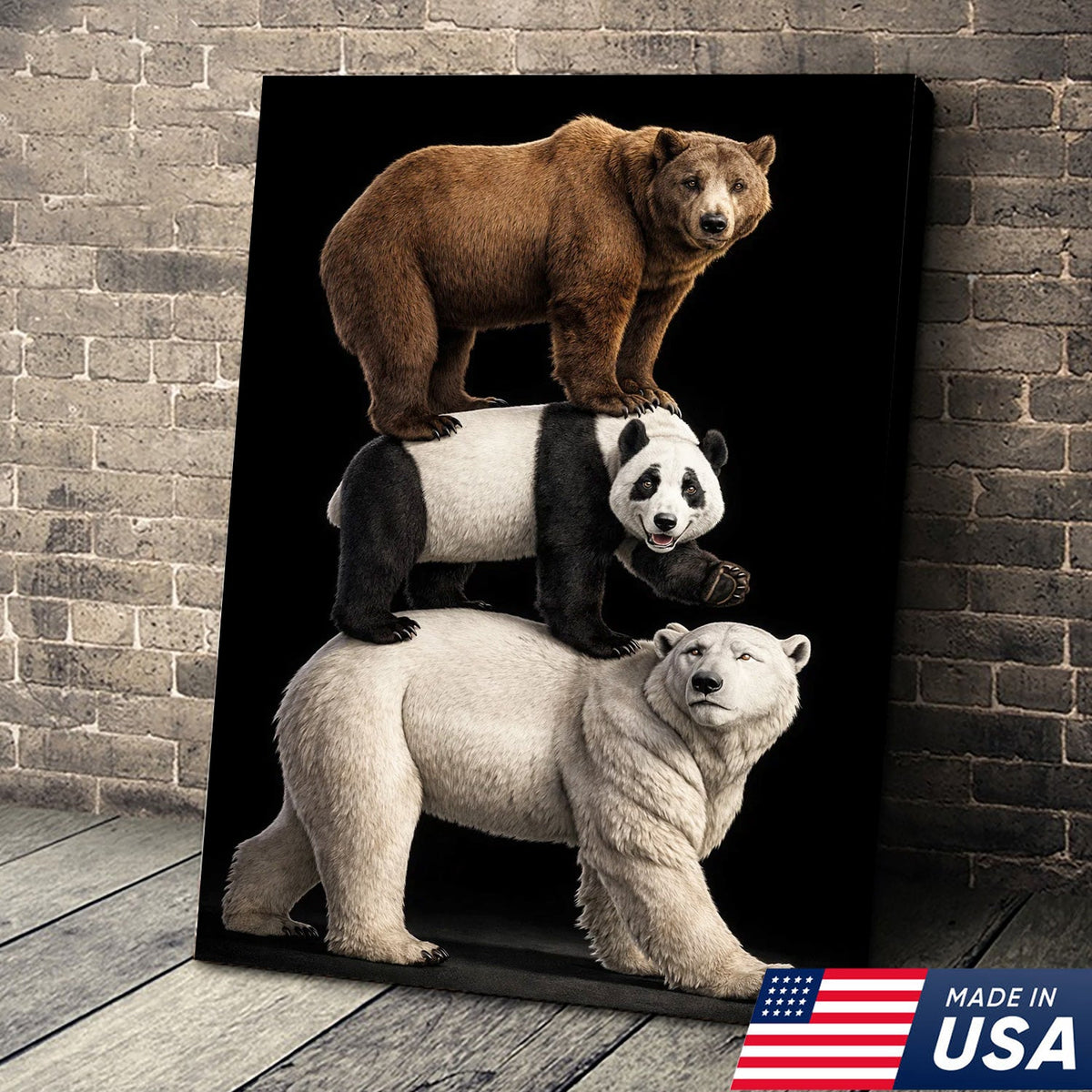 Stacked Bears Canvas Wall Art, Brown Bear Panda Polar Bear Totem Illustration