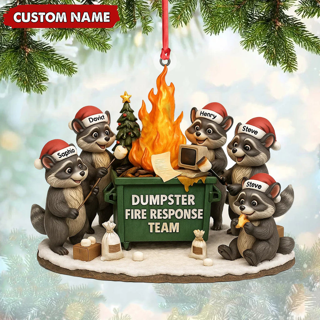 Personalized Dumpster Fire Response Team Christmas Ornament, Custom Name Raccoon Office Crew Gift, Funny Workplace Dumpster Fire Holiday Decor