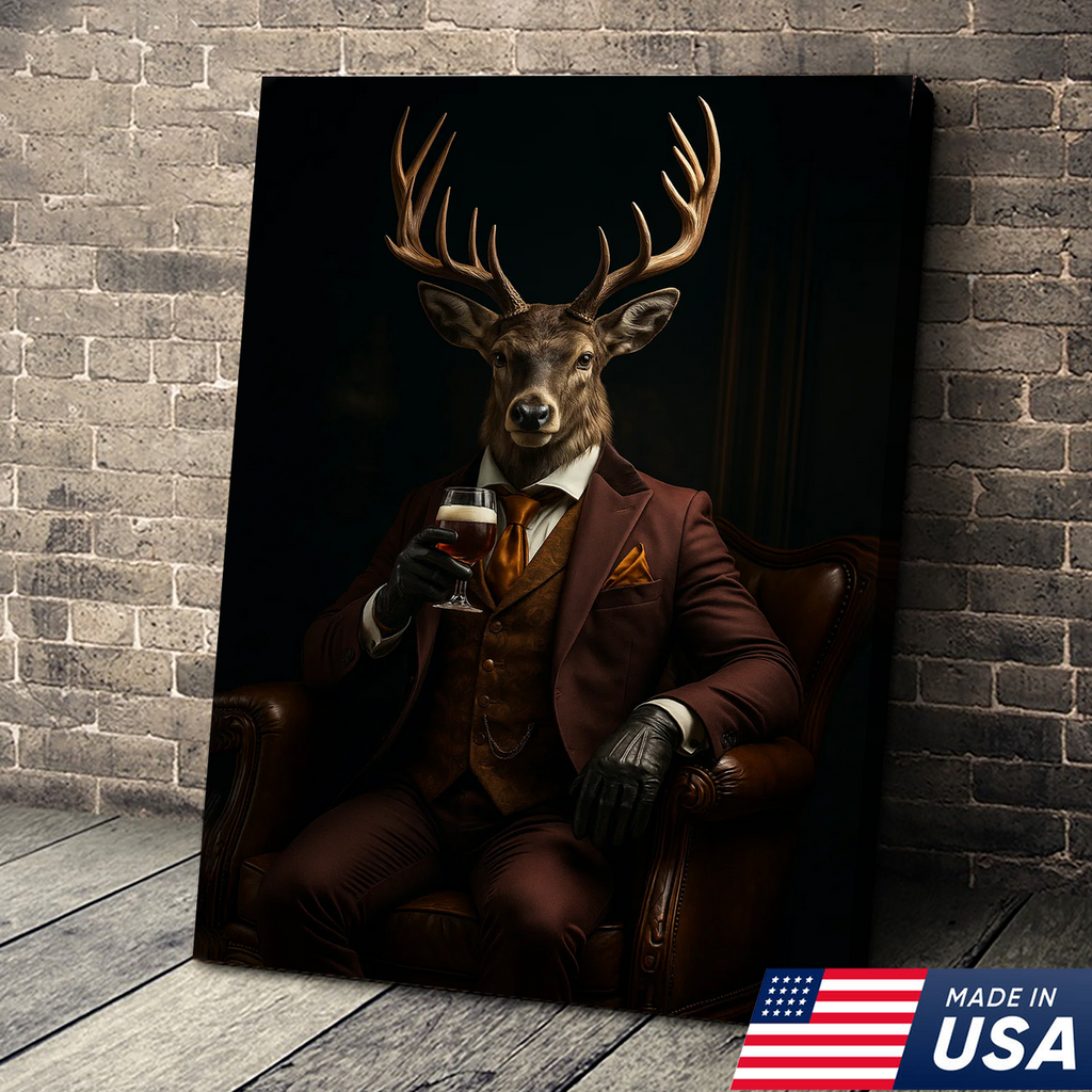 Deer Gentleman Canvas Wall Art – Rustic Lodge Decor, Anthropomorphic Buck in Suit
